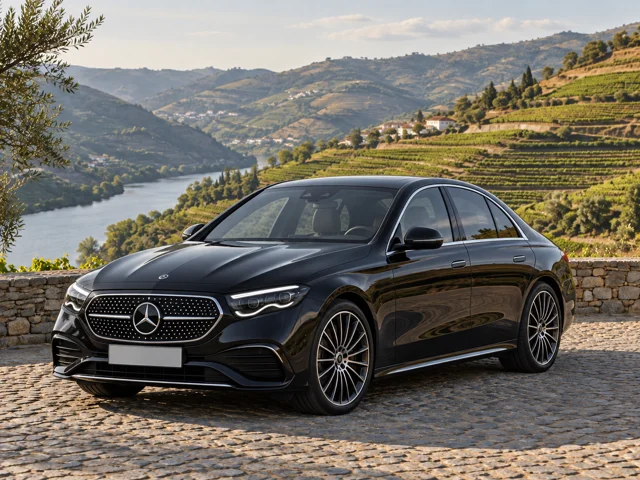 Illustration of a black Mercedes-Benz E-Class in the Douro Valley